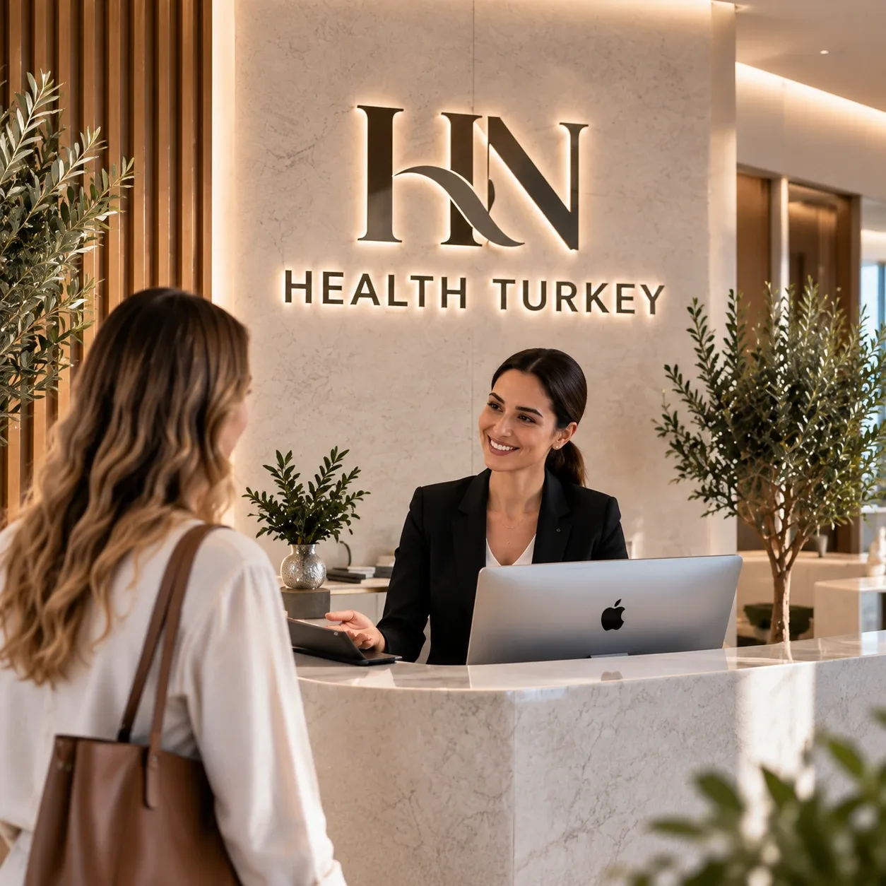 A coordinator welcoming an international patient at reception