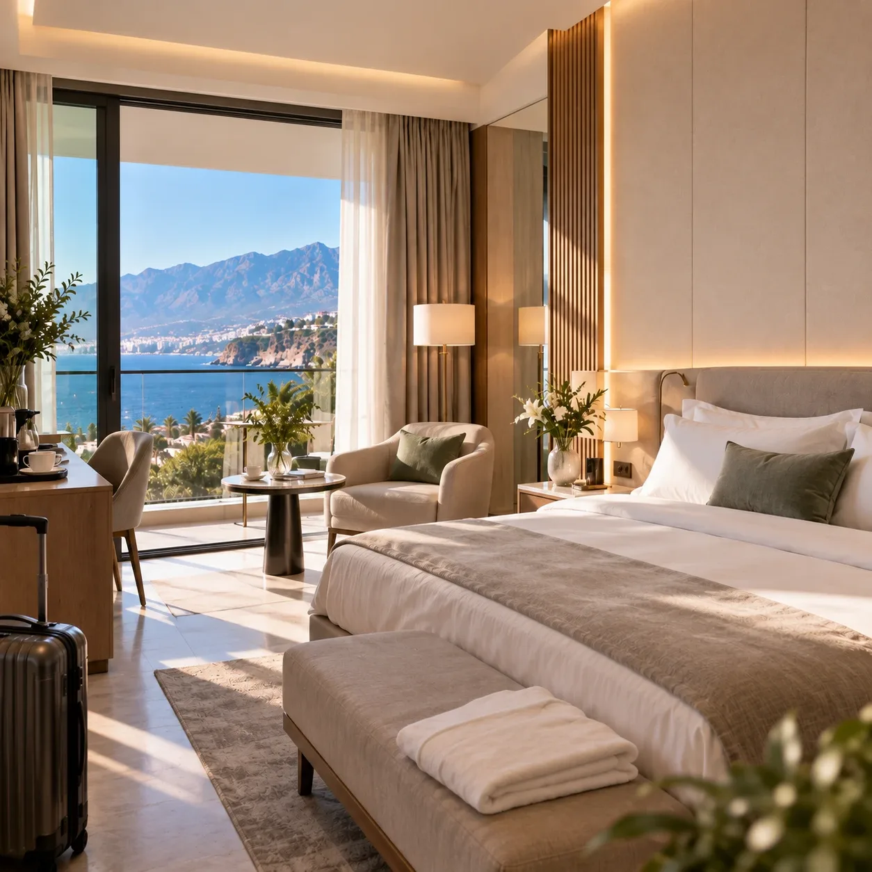 A sea-view hotel room arranged near the facility in Antalya